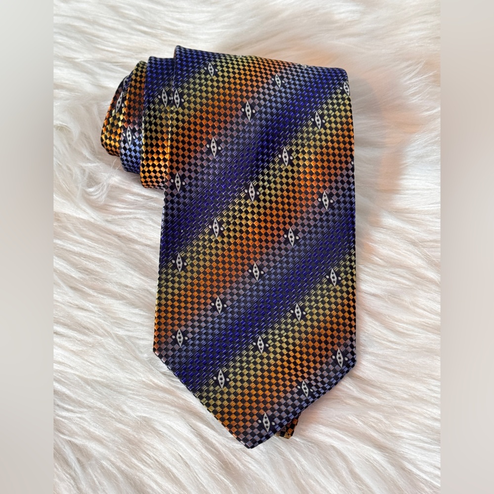 Emilio Romano 100% Italian made silk tie Orange and Blue Houndstooth multi color
